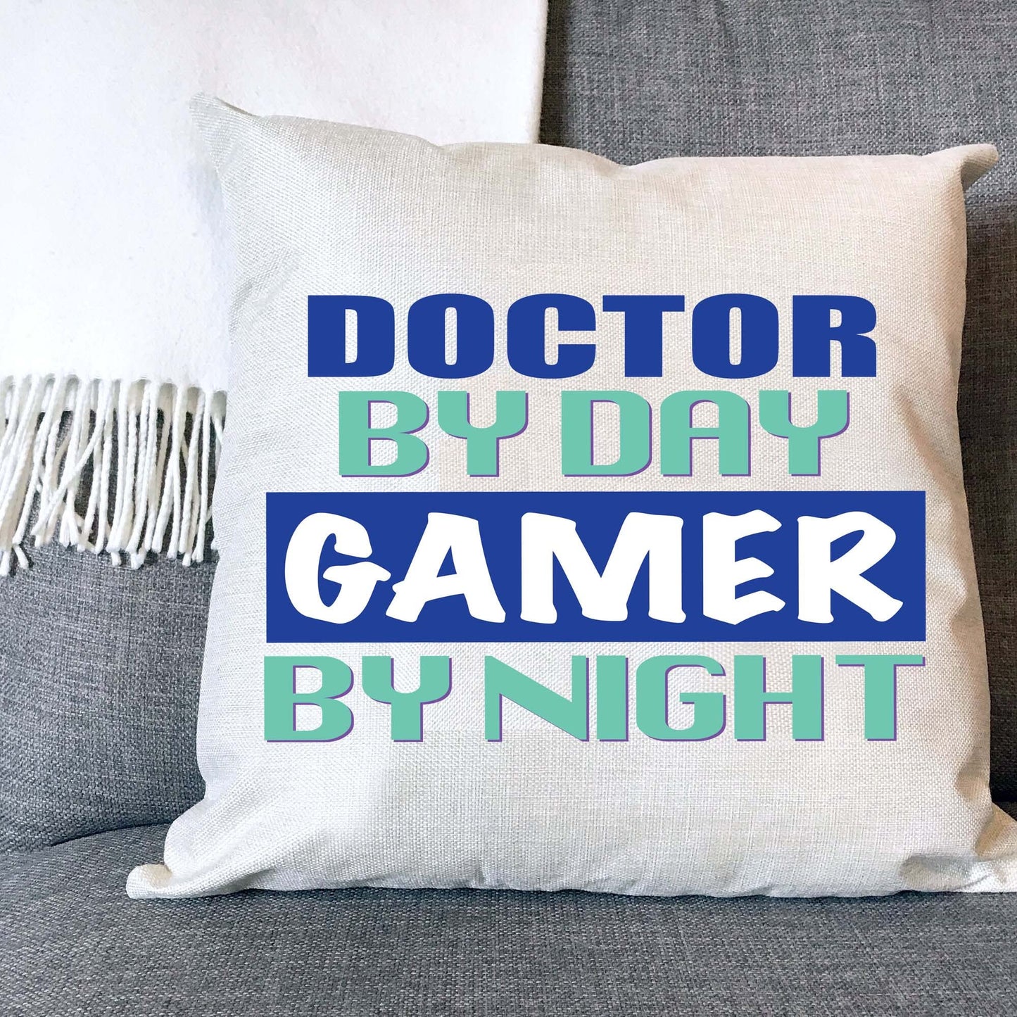 Gamer By Night With Personalised Occupation Naturally Woven Linen Style Cushion Cover Pillow Gift Available in Choice Of Two Colours