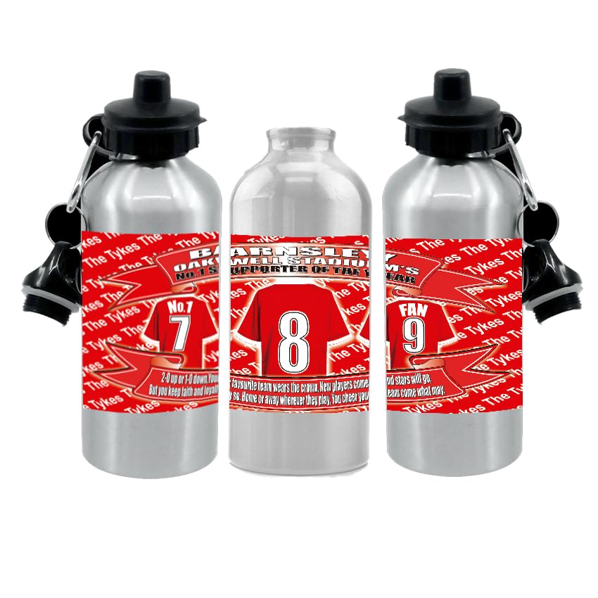 Barns The Tykes Water Bottle - Football Shirt - Silver Aluminium Two Lids - Unisex Gift