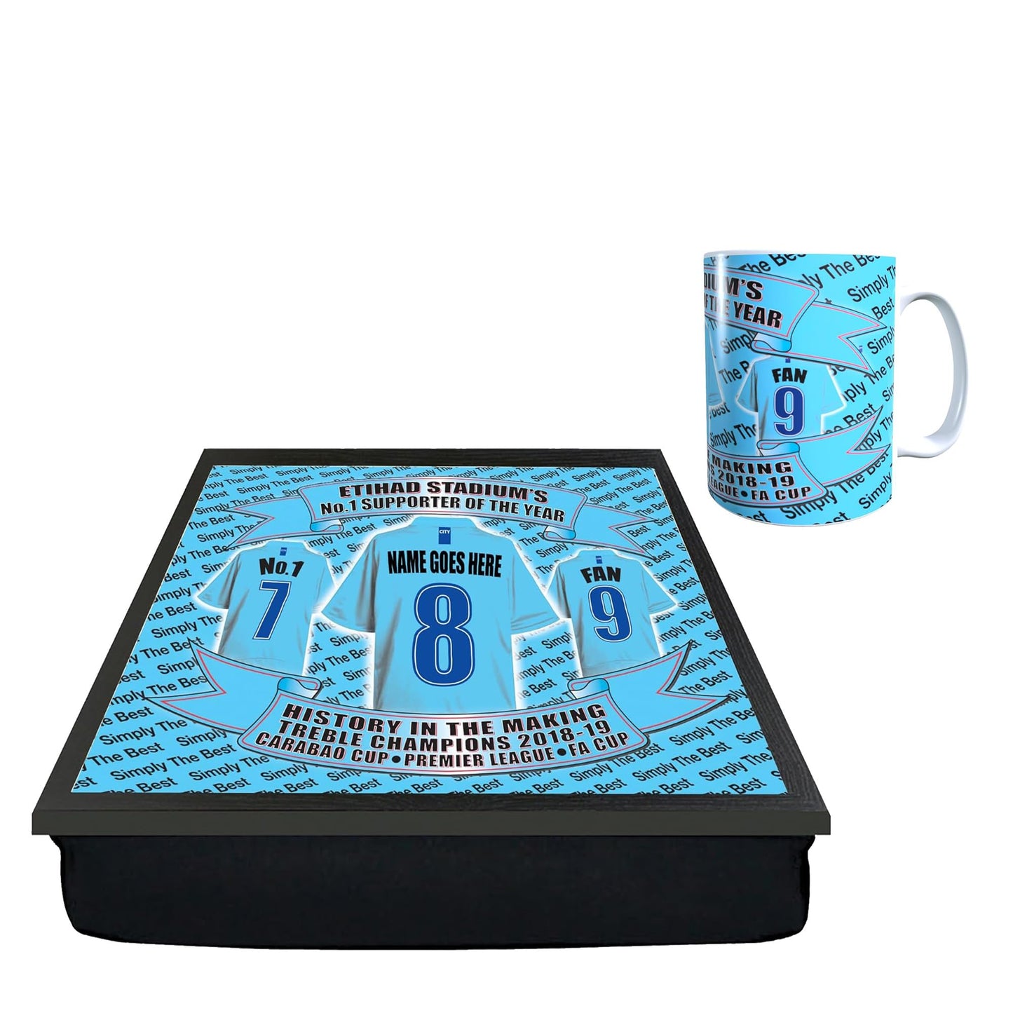 Manchester Blues Personalised Football Shirt Lap Tray And Mug Gift Set, MANBLUES- persLapMugGiftSet_000