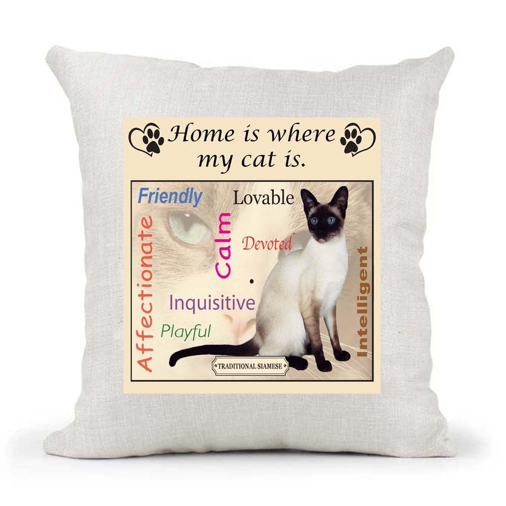 Traditional Siamese Breed Home is Where My Cat is Country Canvas Style Cushion Cover Gift