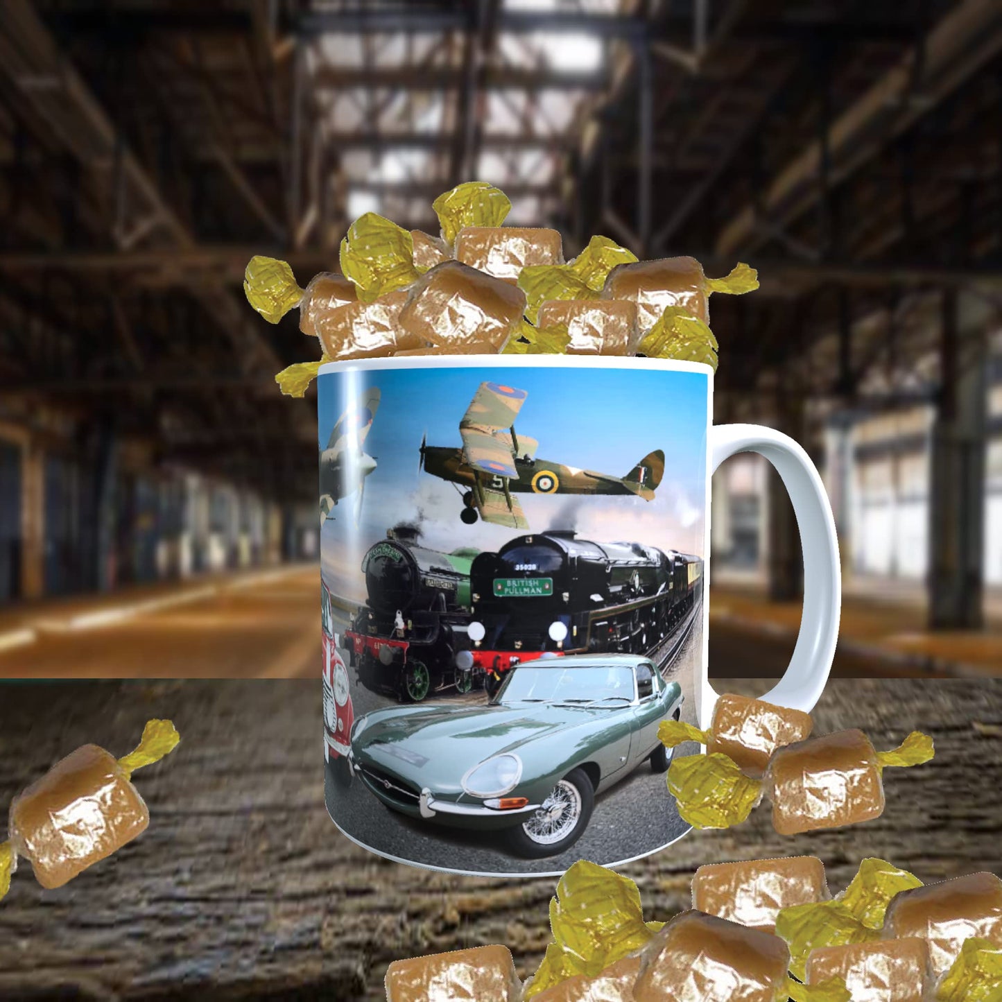 Planes Trains and Automobiles Classic Car & Transport Icons Mug with Choice of Sweets Gift