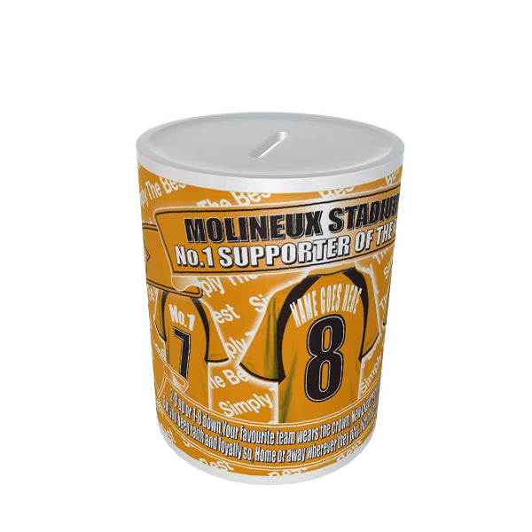 Ceramic money box with 'Molineux Stadium' text and sports design on a white background
