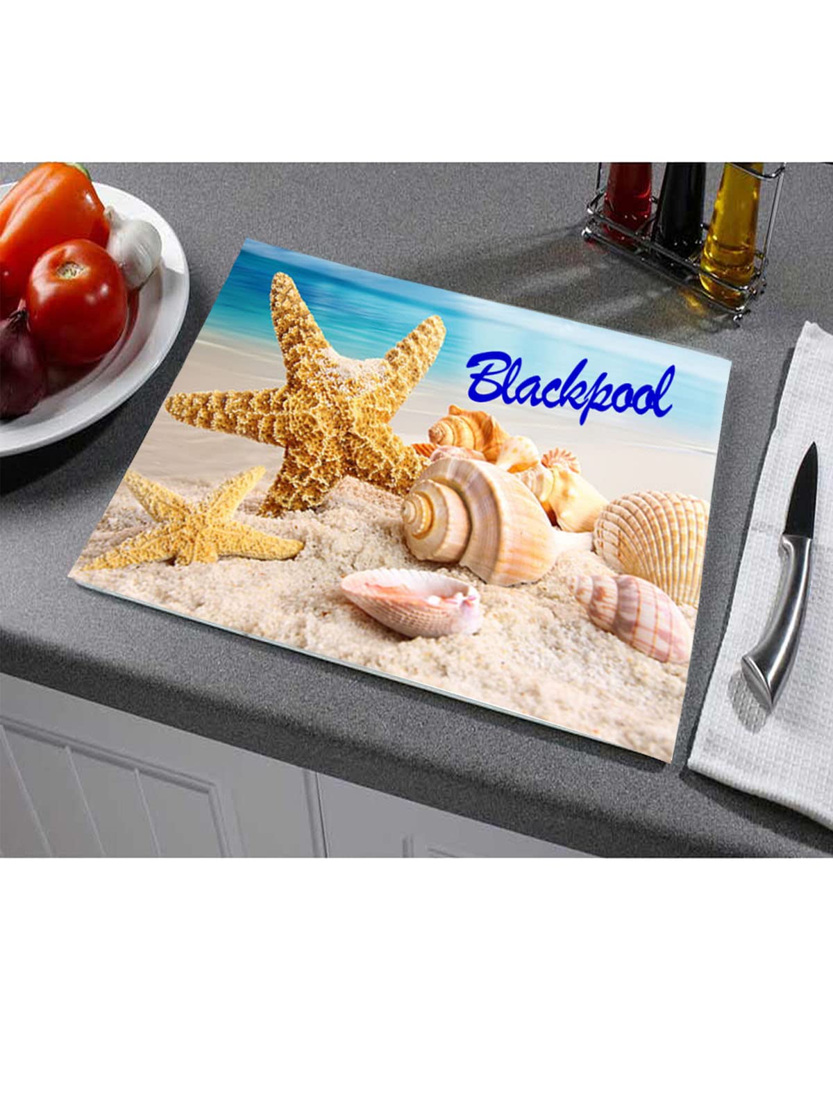 Seashells on The Seashore Personalised Toughened Glass Heat Resistant Worktop Saver Cutting and Chopping Board Gift