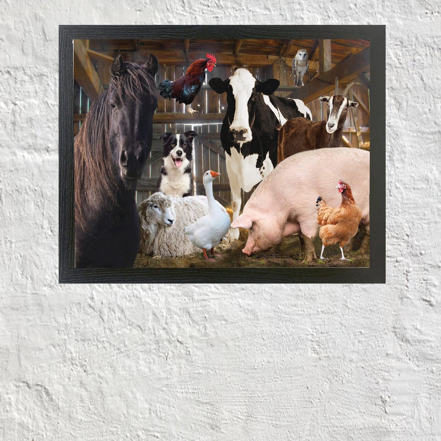 Farm Animals Barn Gathering Framed Wall Hanging Picture Gift