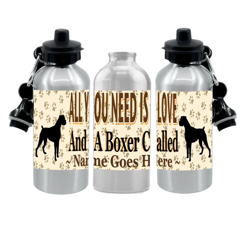 Personalised Boxer Water Bottle - All You Need Is Love - Silver Aluminium - Two Lids - Unisex Gift
