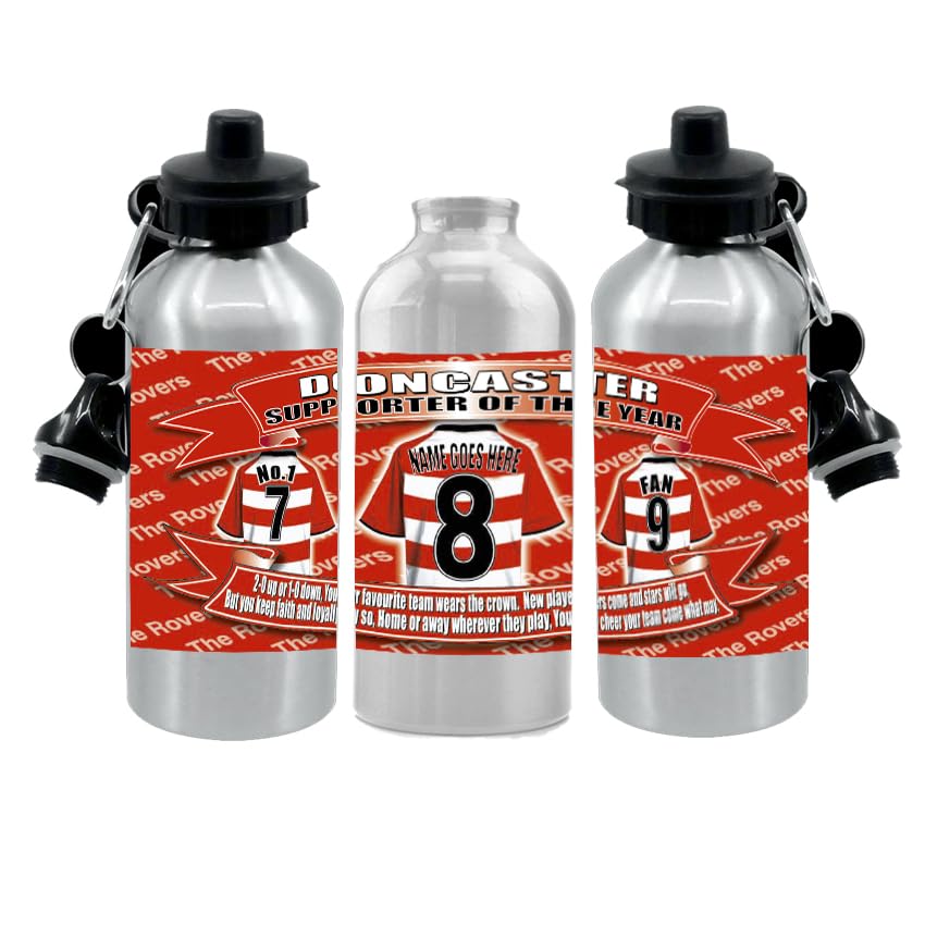 Doncaster Personalised Football Shirt Silver Aluminium Two Lid Unisex Water Bottle Gift
