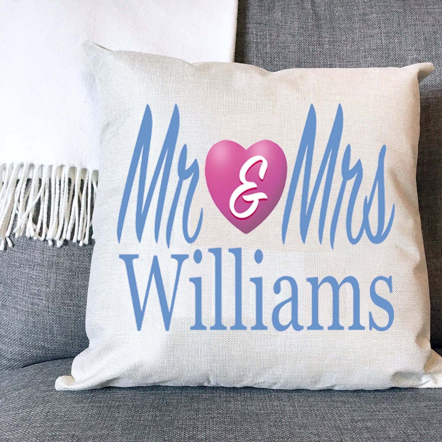 Mr & Mrs Personalised Naturally Woven Linen Style Cushion Cover Pillow Gift Available in Choice Of Print Colours Available