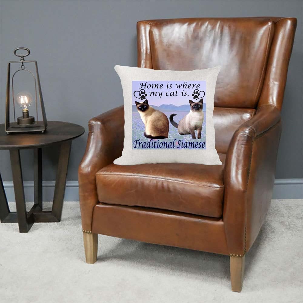 Traditional Siamese Breed Home is Where My Cat is Kitten Slave Owner Country Canvas Style Cushion Cover Gift