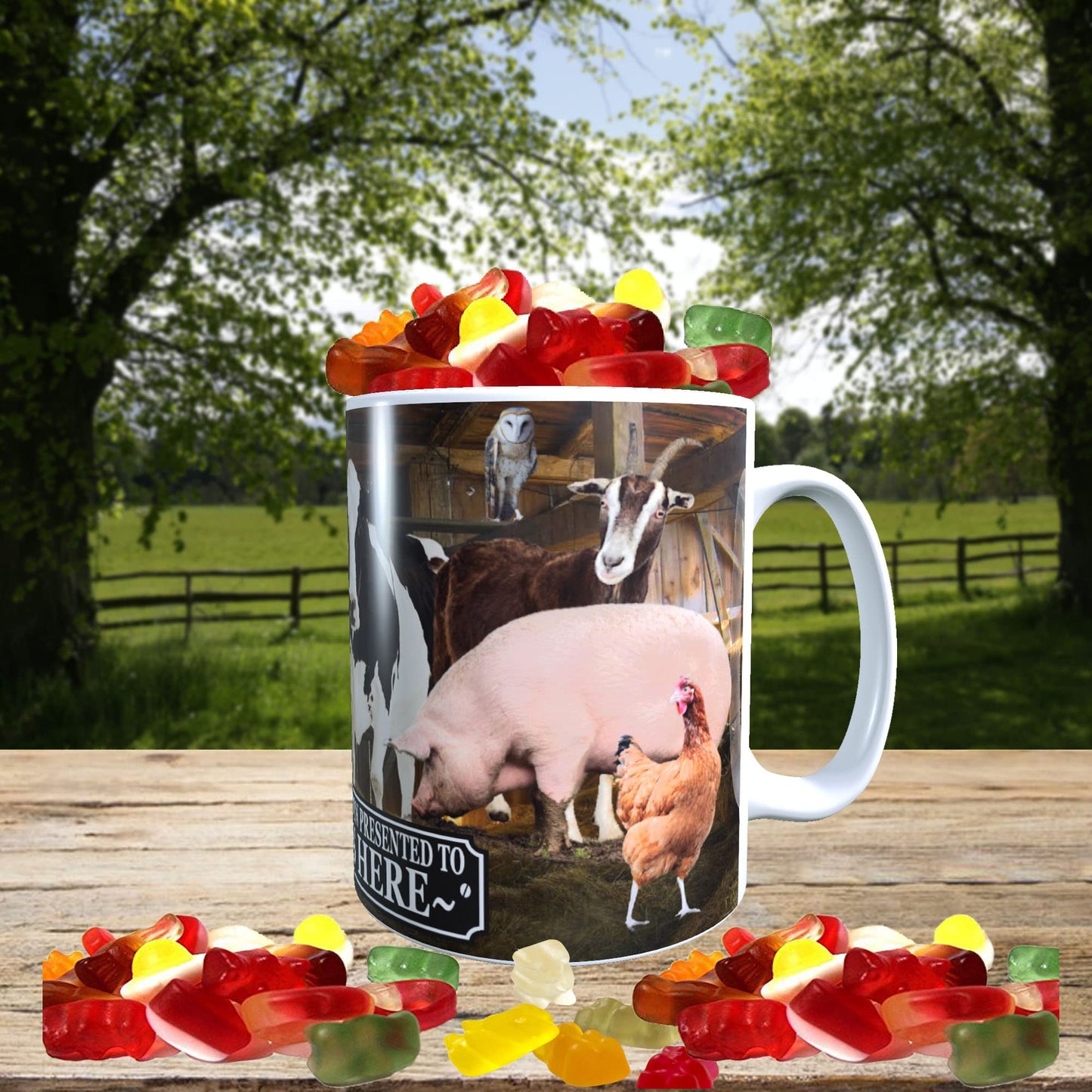 Farm Animals Barn Gathering Personalised Mug with a Choice of Sweets Gift
