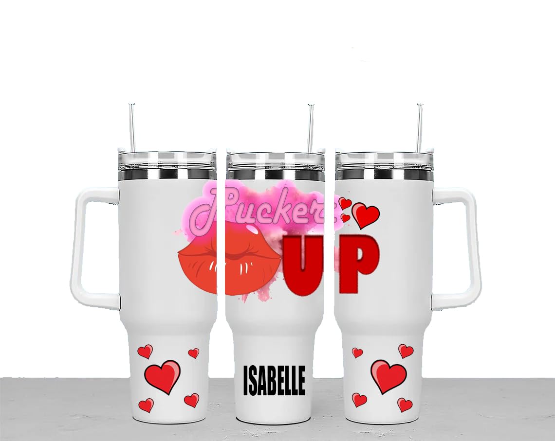 Pucker Up Personalised Large Unisex 40oz Stainless Steel Travel Cup Tumbler Gift with Carry Handle, Lid and Straw