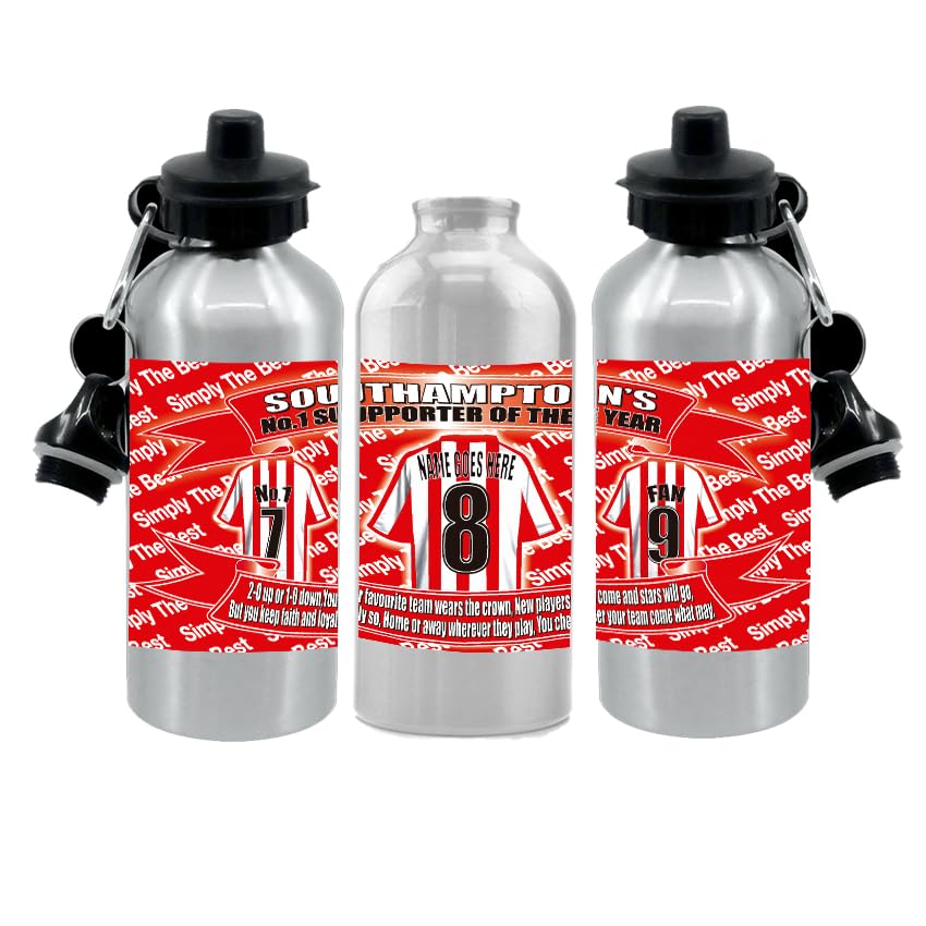 Three silver water bottles with red labels on a white background