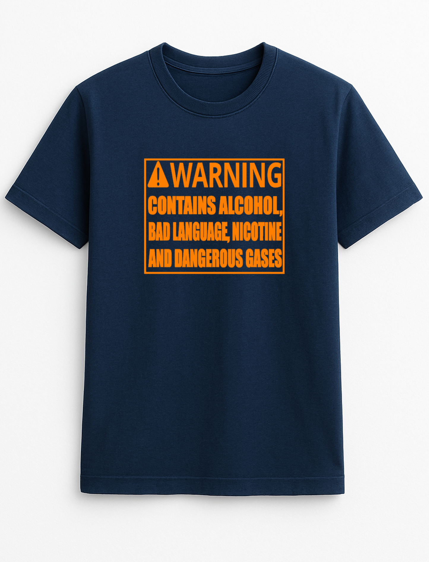 Warning Contains Alcohol Bad Language Nicotine & Dangerous Gases Humorous Funny Novelty Personalised Colours Slogan Unisex T-Shirt Top Tee Gift Black