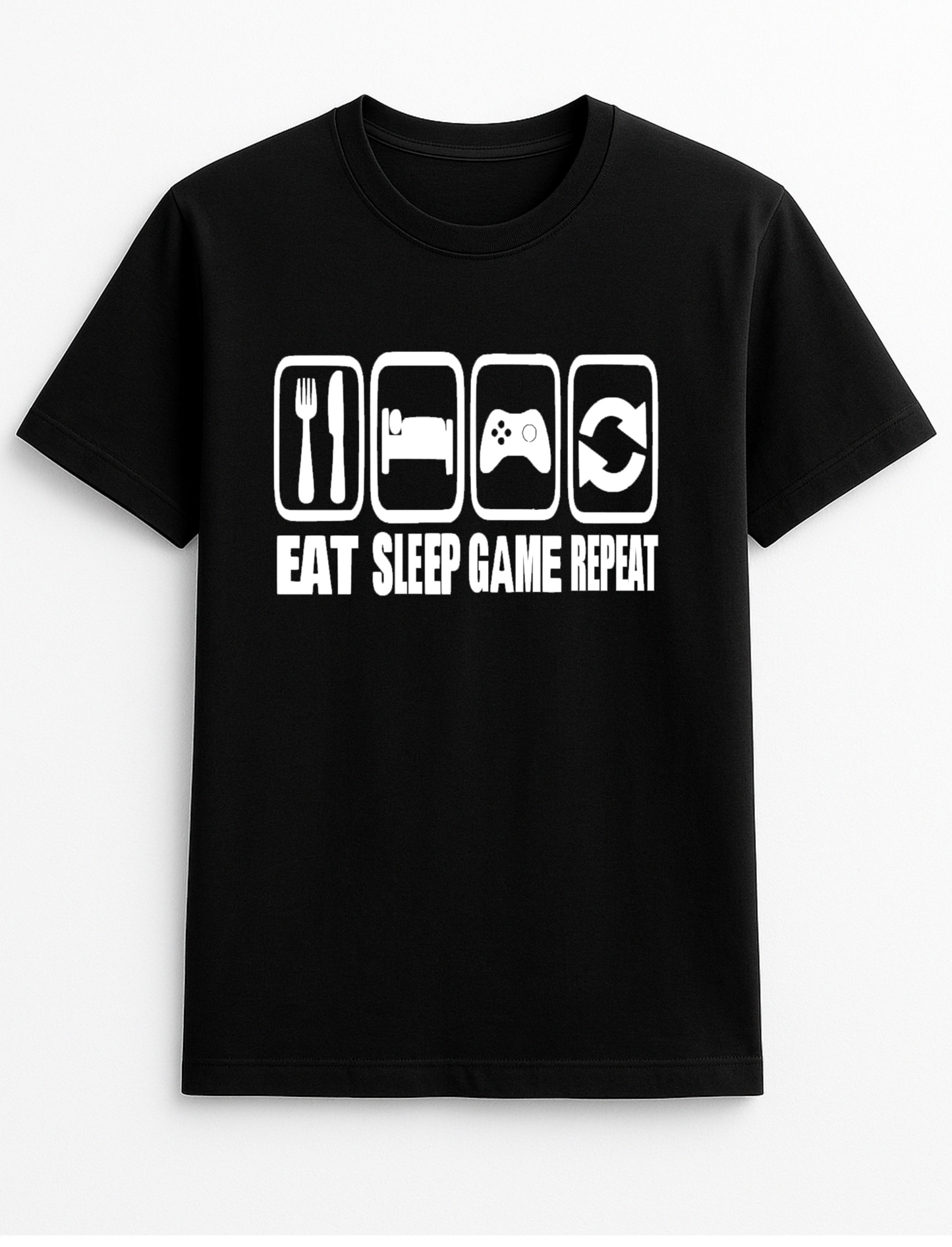 Eat Sleep Game Repeat Humorous Funny Personalised Slogan Unisex T-Shirt Gift Black