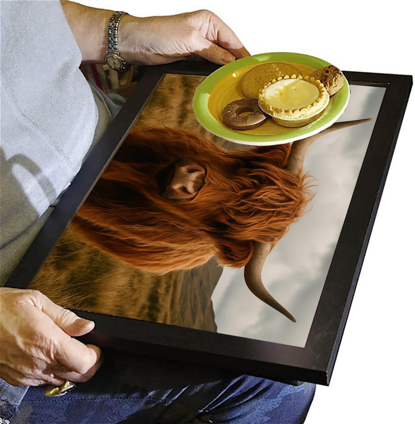 Scottish Highland Cow Lap Tray โ Cushioned Laptop and Meal Tray with Bean Bag Base โ Comfortable & Stylish Design Featuring Cute Highland Cattle โ Ideal for Work, Dining & Crafts