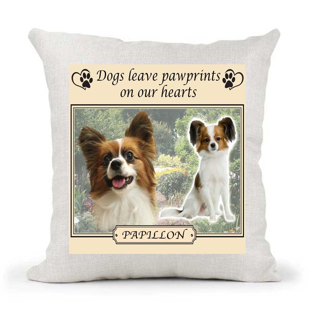 Papillon Dogs Leave Pawprints on our Hearts Country Canvas Cushion Cover Gift