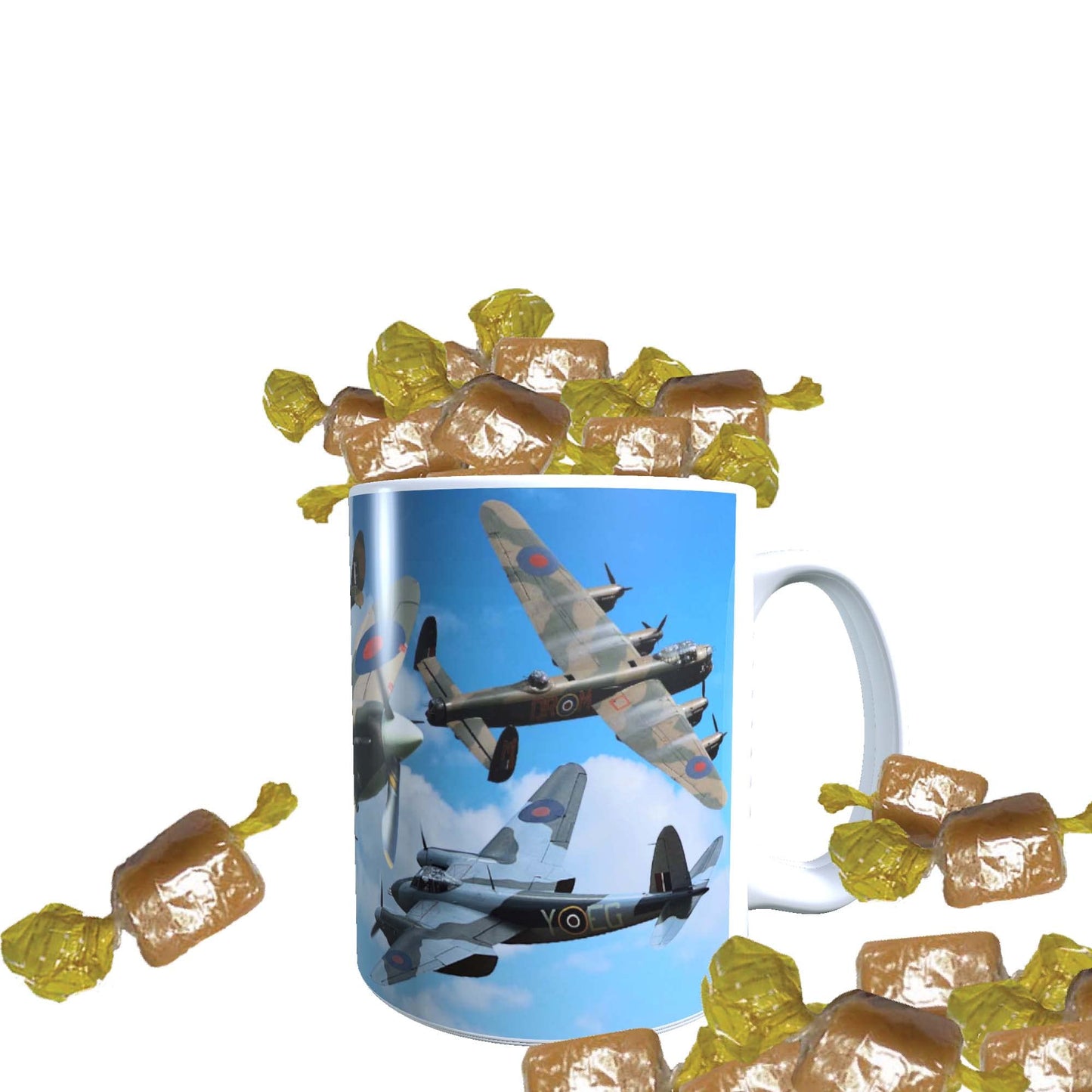 VE Day Battle of Britain WWII Iconic War Planes Spitfire Lancaster Mug with Choice of Sweets Gift