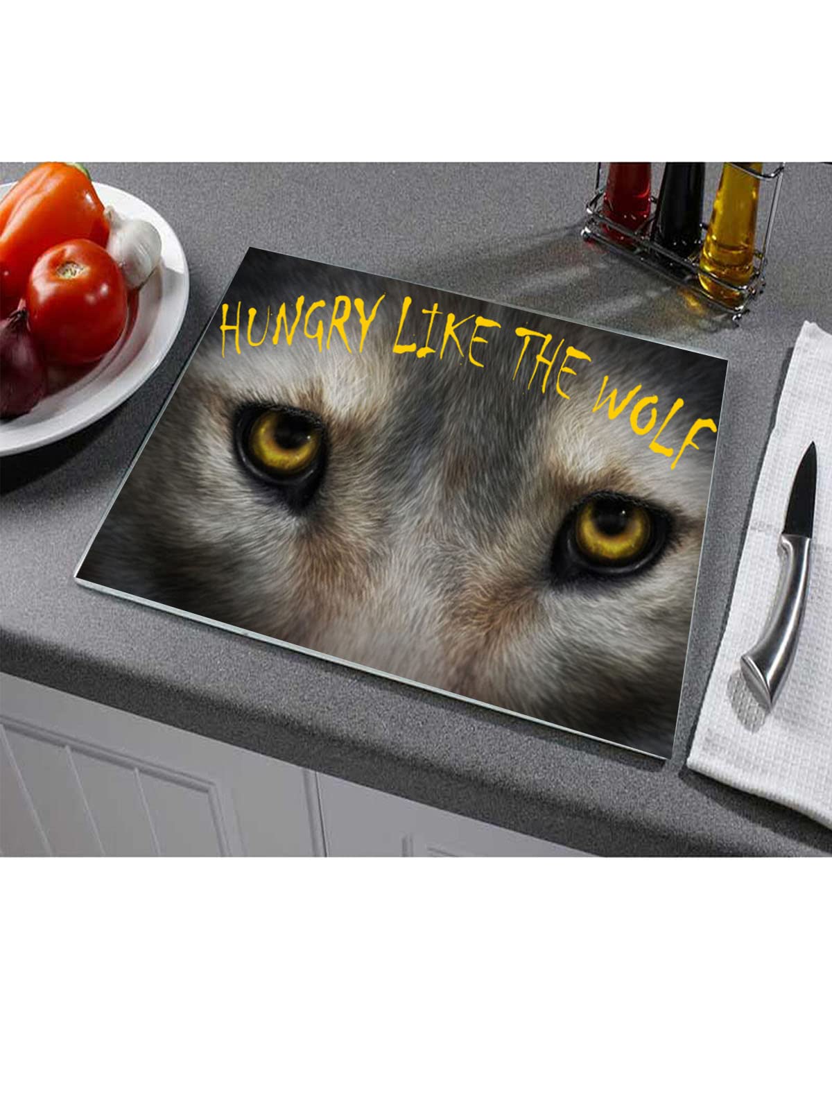 Hungry Like The Wolf Toughened Glass Heat Resistant Worktop Saver Cutting Chopping Board Gift