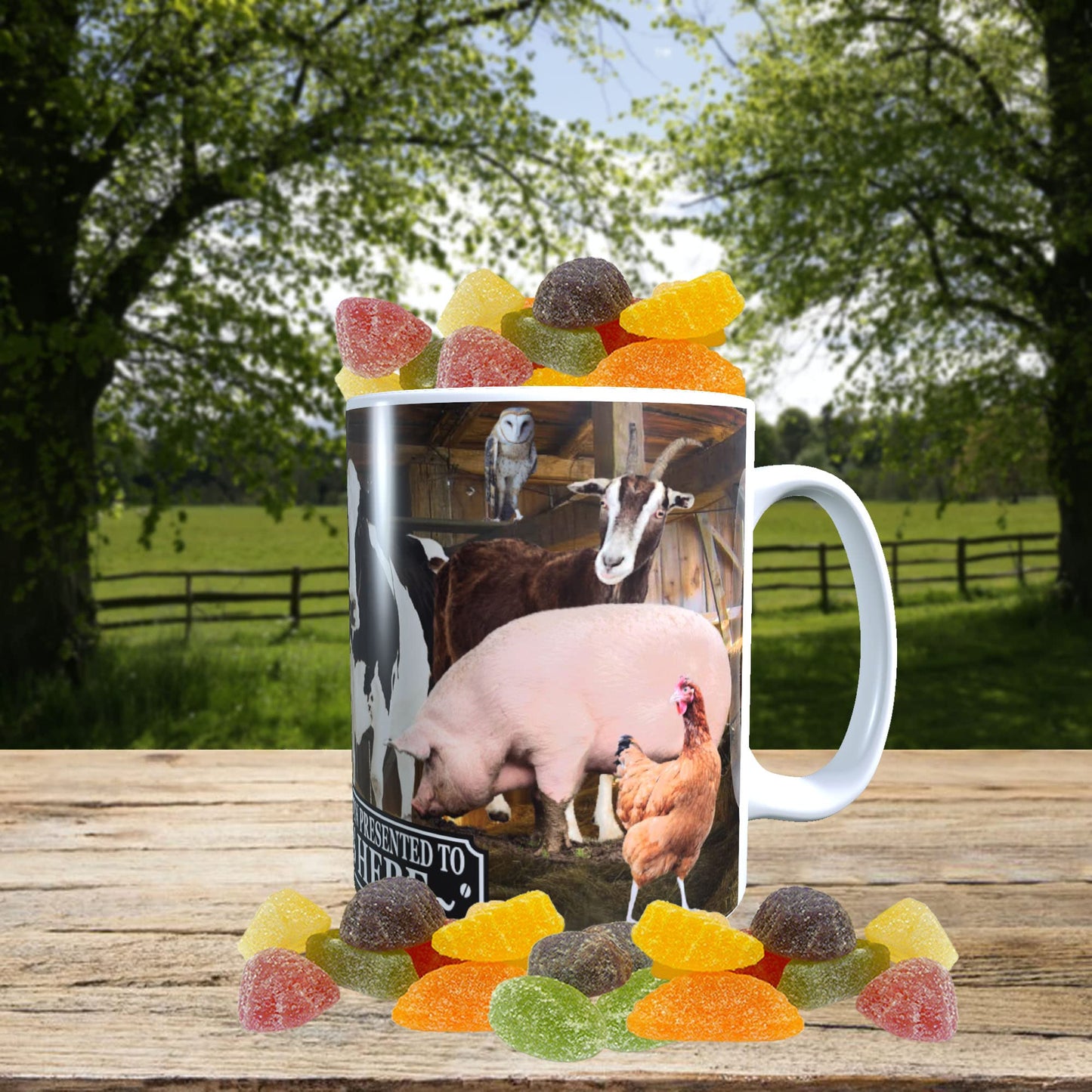 Farm Animals Barn Gathering Personalised Mug with a Choice of Sweets Gift