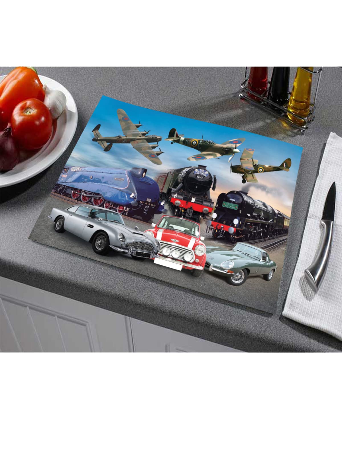 Planes Trains and Automobiles Classic Car & Transport Icons Toughened Glass Heat Resistant Worktop Saver Cutting and Chopping Board Gift