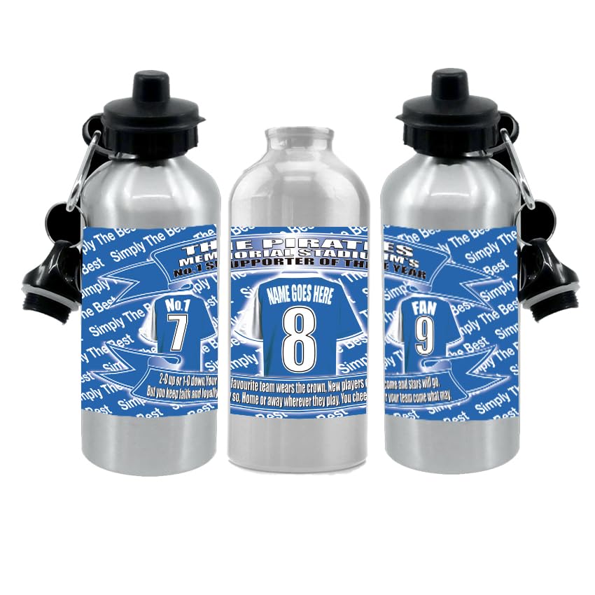 Three silver water bottles with blue labels featuring numbers and text on a white background.