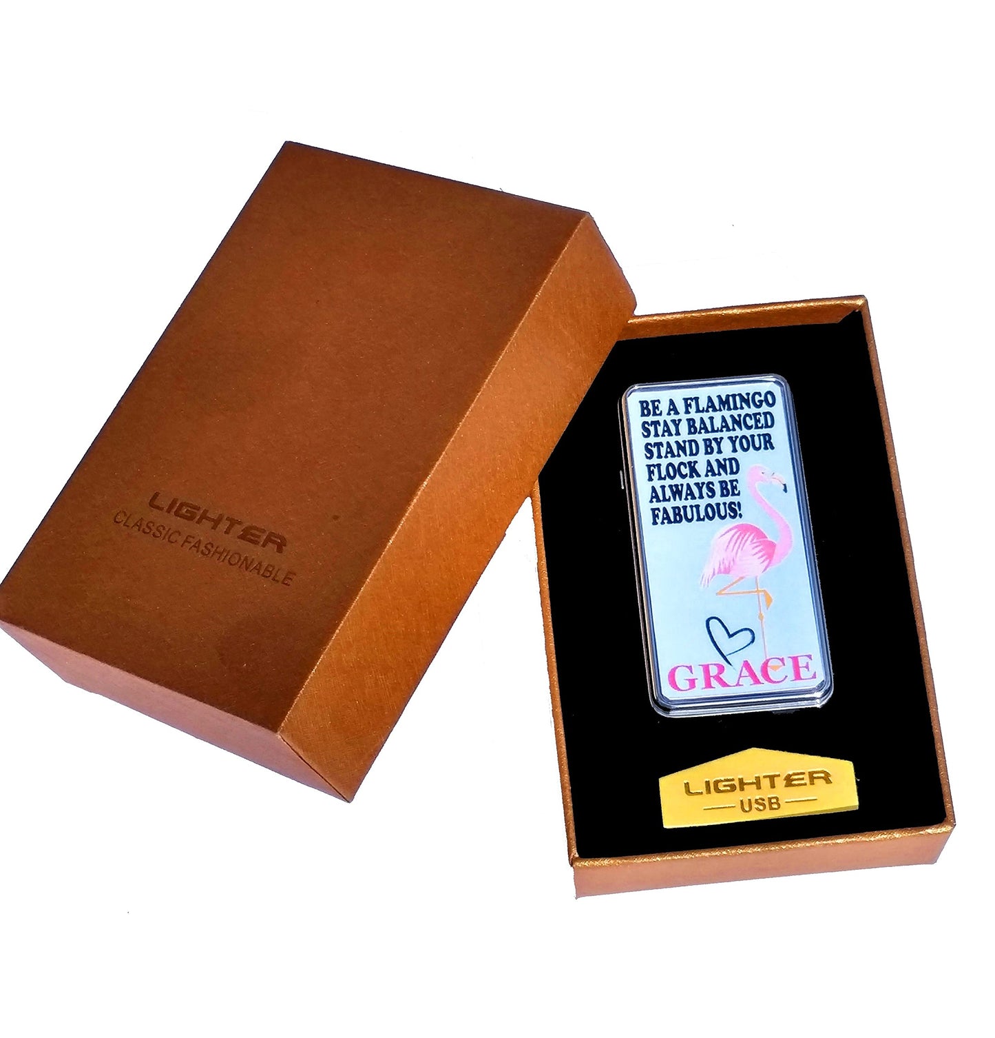 Fabulous Flamingo Personalised Rechargeable Gift Boxed Silver Metal USB Lighter Wedding Favour