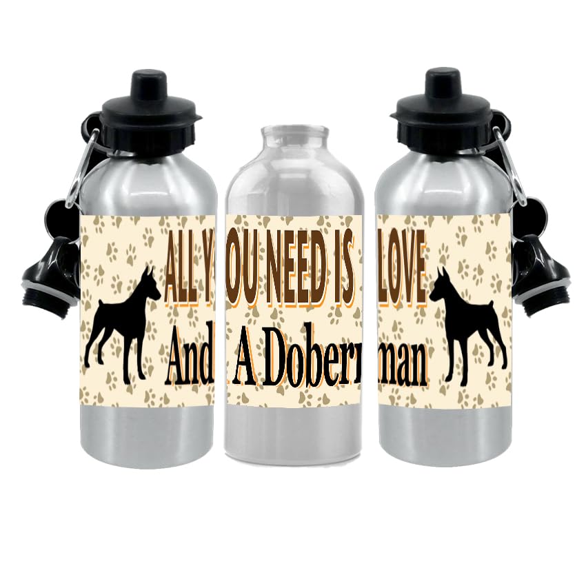 Doberman Water Bottle - All You Need Is Love - Silver Aluminium - Two Lids - Unisex Gift