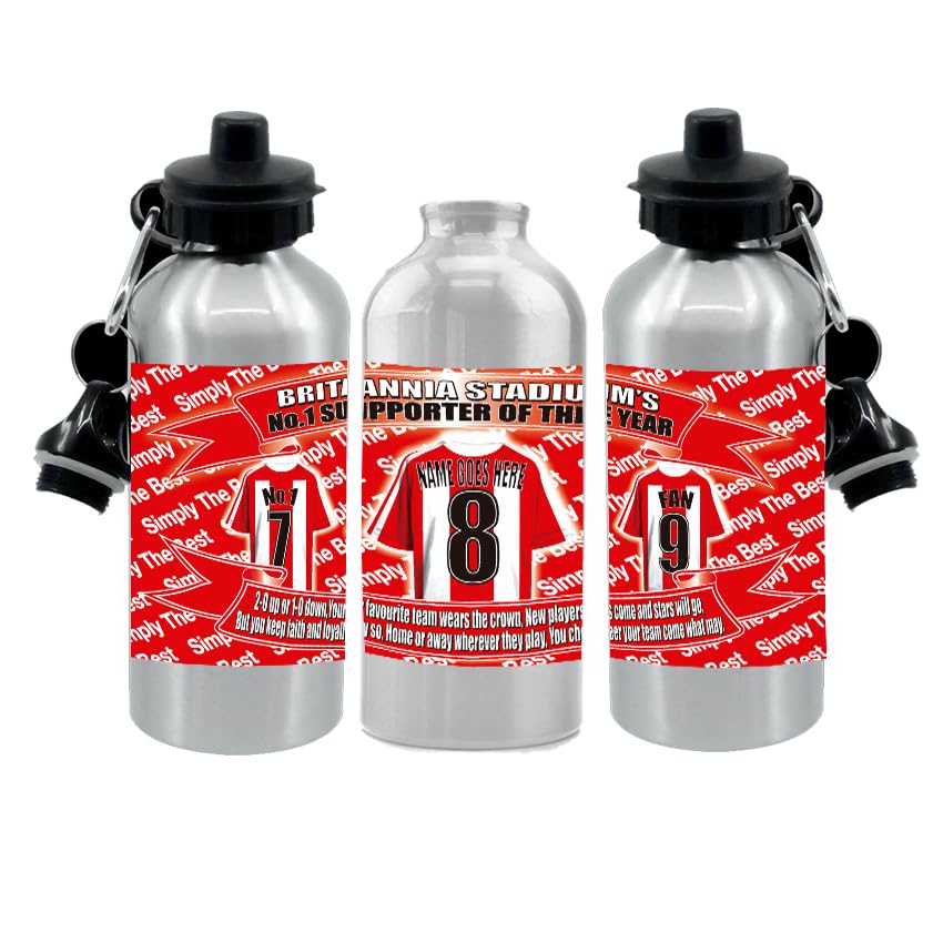 Personalised Stoke United Water Bottle - Football Shirt - Silver Aluminium Two Lids - Unisex Gift