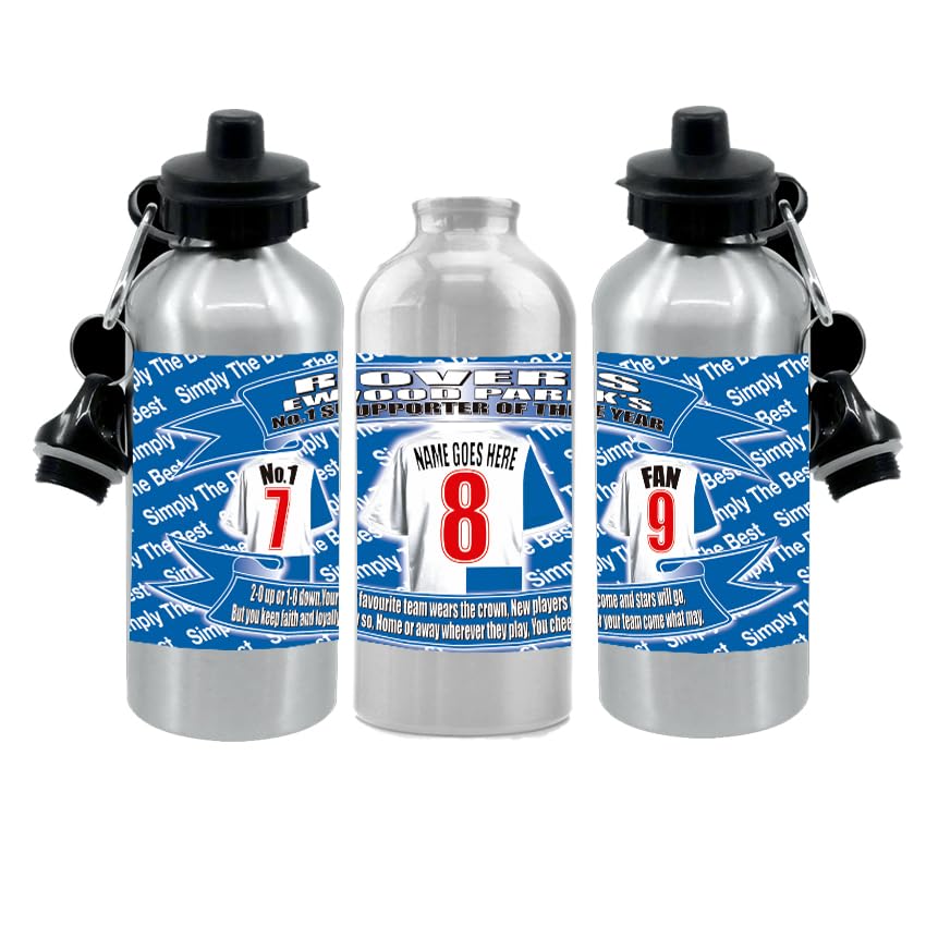 Blackburn Personalised Football Shirt Water Bottle - Silver Aluminium - Two Lids - Unisex Gift
