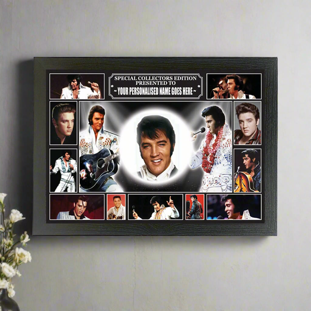Framed collage of Elvis Presley images with a central portrait and personalized text area.
