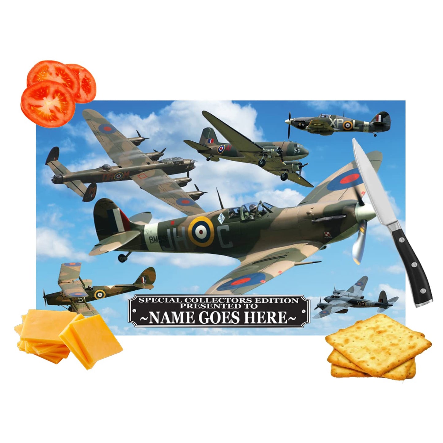 British WWII Iconic War Planes Personalised Toughened Glass Heat Resistant Worktop Saver Cutting and Chopping Board Gift