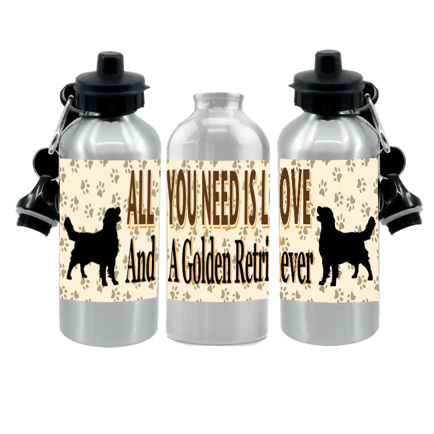 Golden Retriever Water Bottle - All You Need Is Love - Silver Aluminium - Two Lids - Unisex Gift