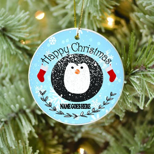 Blue Happy Christmas Personalised Penguin Ceramic hanging Tree Decoration