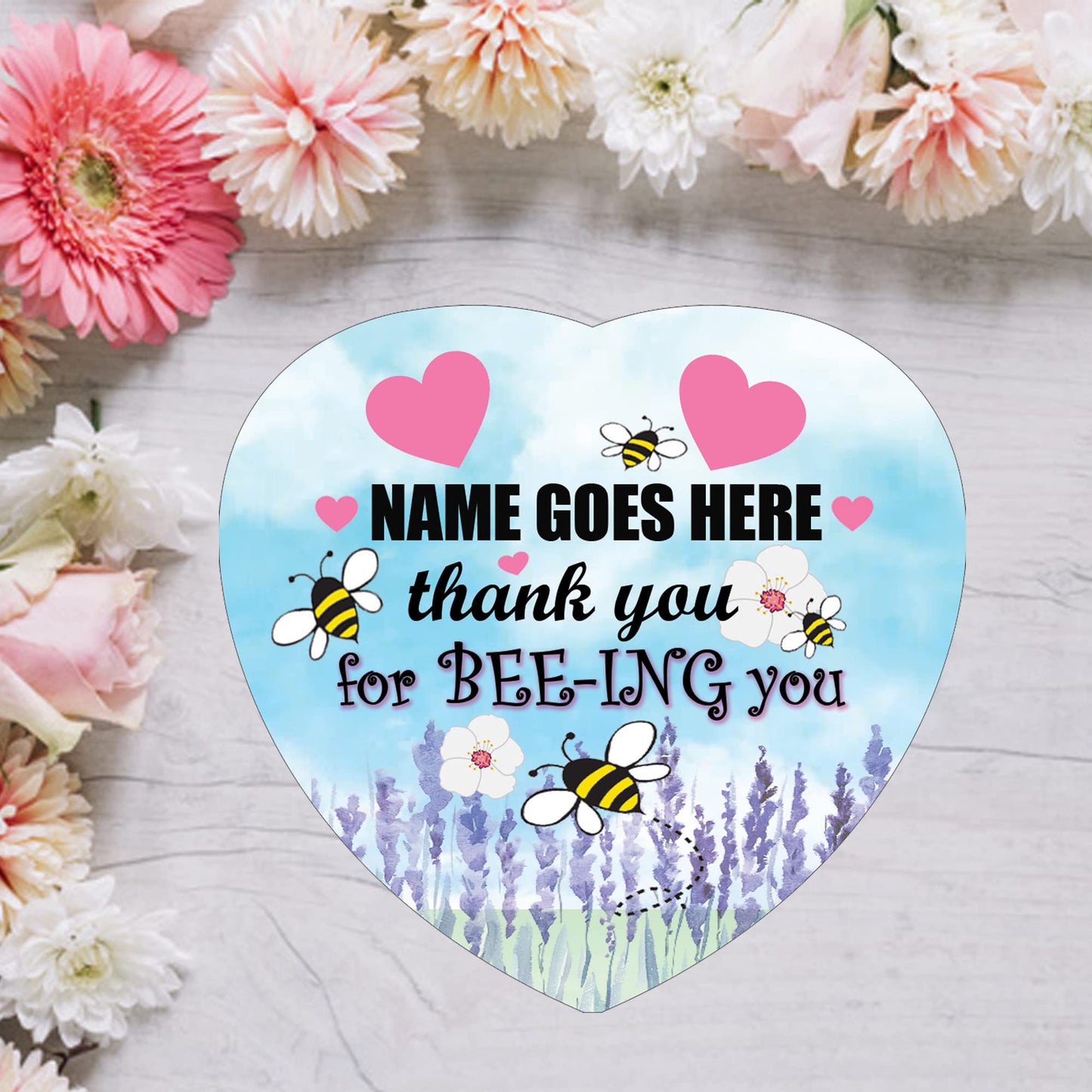 Thank You For BEE-ING You Personalised Hanging Heart Ceramic Keepsake With Blue Sky & Pink Hearts Setting Gift