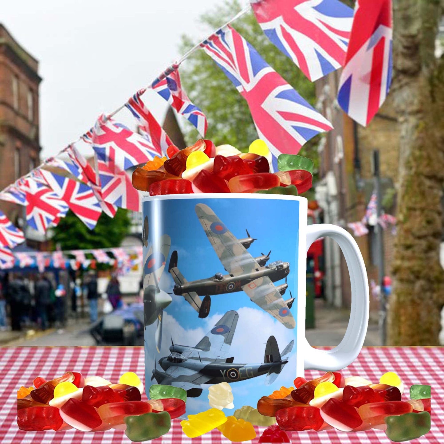 VE Day Battle of Britain WWII Iconic War Planes Spitfire Lancaster Mug with Choice of Sweets Gift