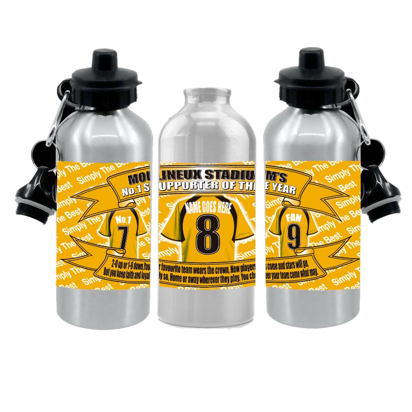 Wolverhampton Personalised Football Shirt Silver Aluminium Two Lid Unisex Water Bottle Gift