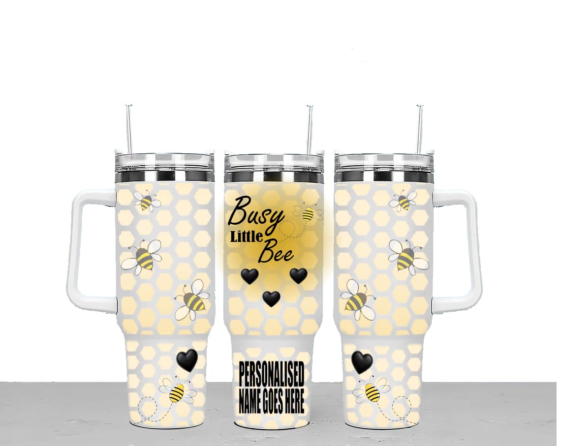 Busy Little Bee Personalised Large Unisex 40oz Stainless Steel Travel Cup Tumbler Gift with Carry Handle, Lid and Straw