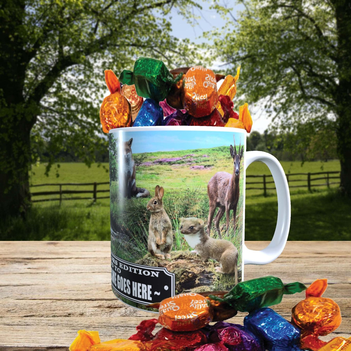 British Countryside Wildlife Animals Personalised Mug with a Choice of Sweets Gift