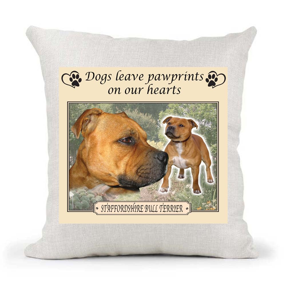 Brown Staffordshire Bull Terrier Staffy Dogs Leave Pawprints on our Hearts Country Canvas Style Cushion Cover Gift