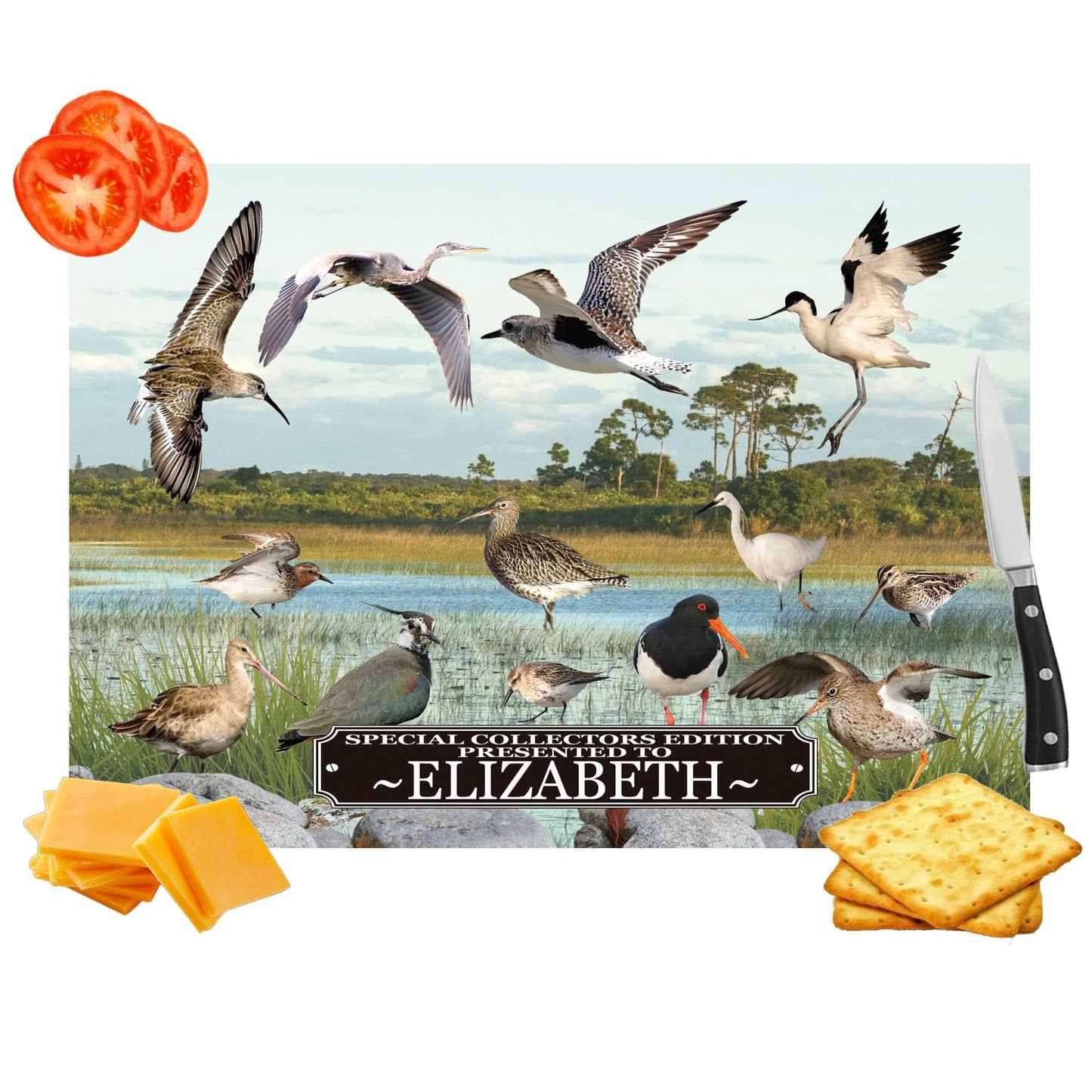Personalised British Wetland Bird Ornithophile, Birder Wall Toughened Glass Heat Resistant Worktop Saver Cutting and Chopping Board Gift