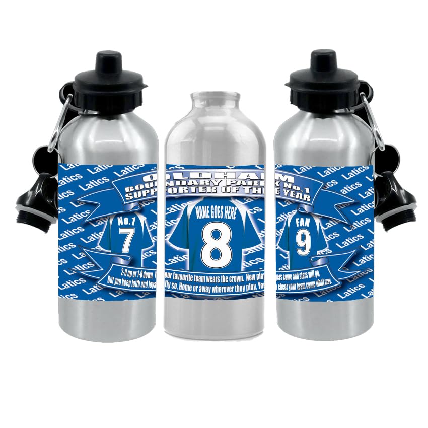 Oldham Personalised Football Shirt Silver Aluminium Two Lid Unisex Water Bottle Gift