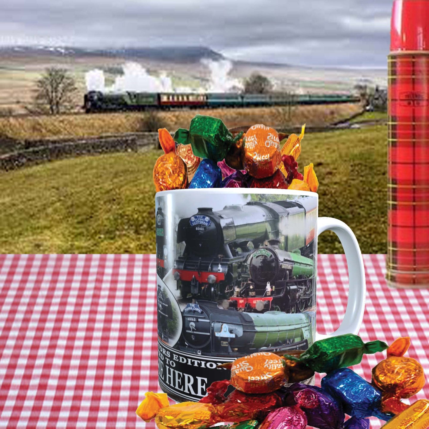 Classic Iconic Steam Locomotive Trains Personalised Mug with Choice of Sweets Gift