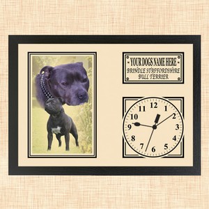 Personalised Brindle staffordshire Bull Terrier framed Dog Clock