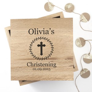 Oak Photo Keepsake Personalised Christening Box with Leaf Frame