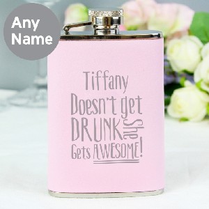 She Gets Awesome Pink Personalised Hip Flask