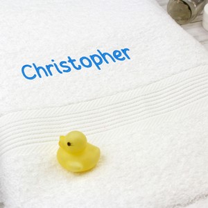 White Bath Towel - Personalised Blue