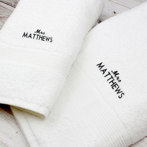 'Mrs' White Personalised Hand and Bath Towel Set