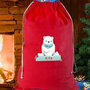 Polar Bear Personalised Red Cotton Sack