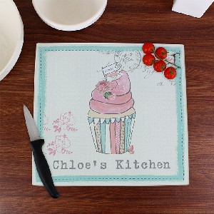 Vintage Pastel Cupcake Personalised Glass Chopping Board