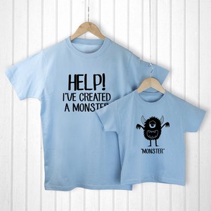 Daddy and Me Little Monster Blue Personalised T-Shirt Set