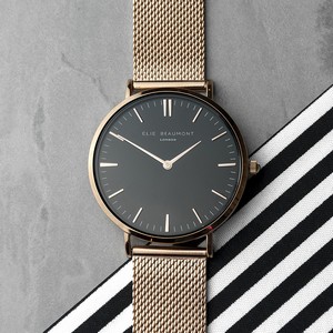 Rose Gold Mesh Strapped Personalised Watch With a Black Dial